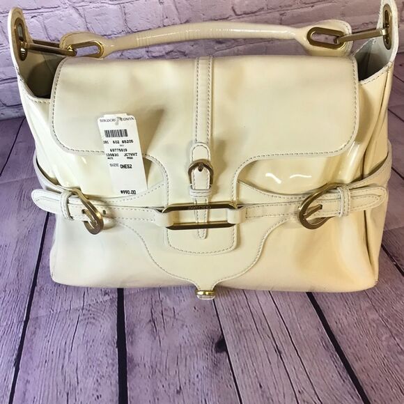 Jimmy Choo Tulita Bag Cream Patent Leather Gold Hardware Suede Lining Satchel - Picture 1 of 16